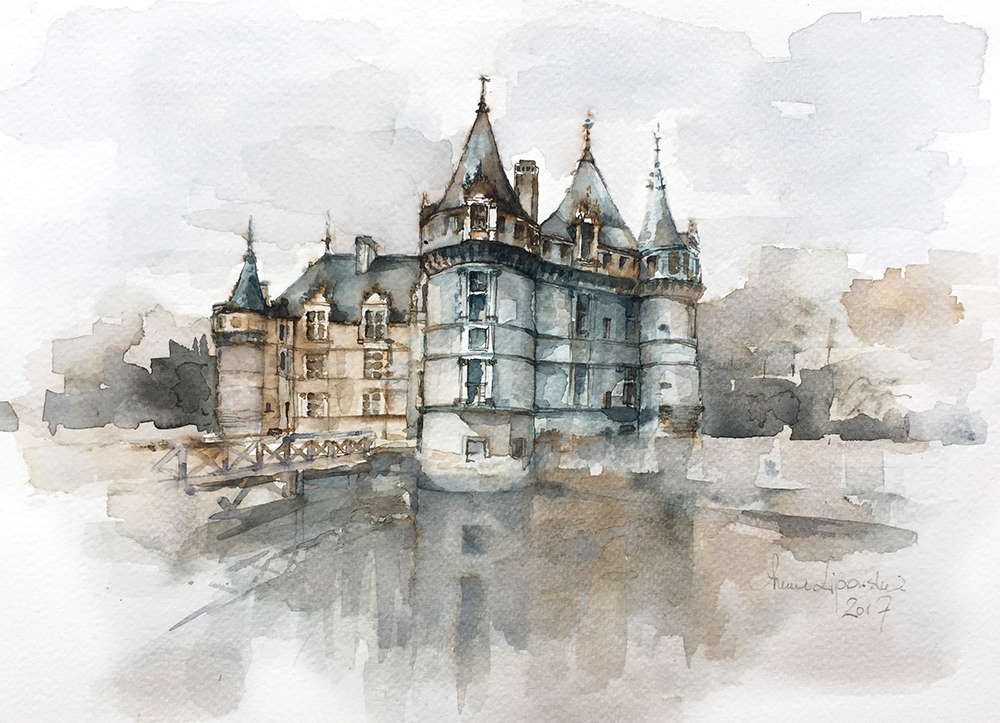 Zamek w Azay-le-Rideau - akwarela, oryginał 0095 / Anna Lipowska / Dekoracja Wnętrz / Rysunki i Grafiki
