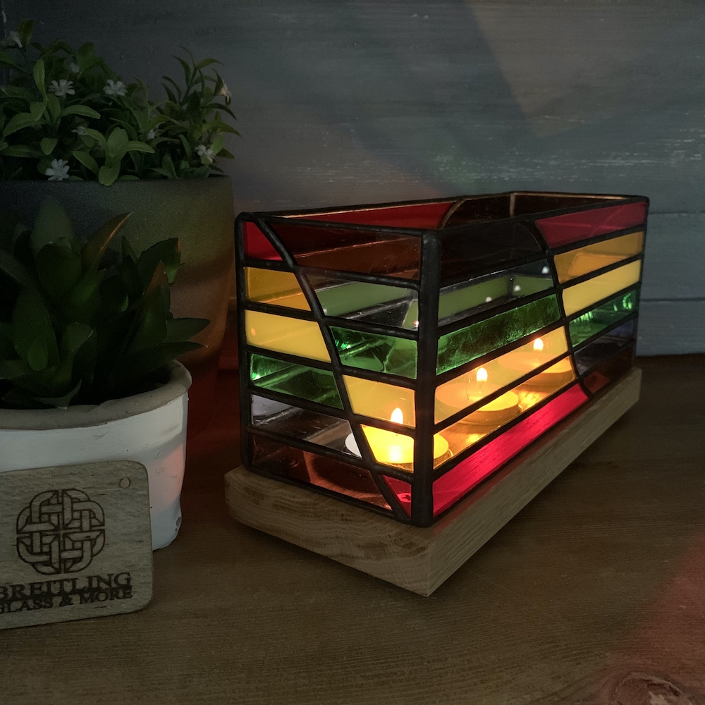 Lampion witrażowy ze szkła opalowego (3 świece) "Pride" szkło antyczne / Breitling Glass And More / Dekoracja Wnętrz / Świece i świeczniki