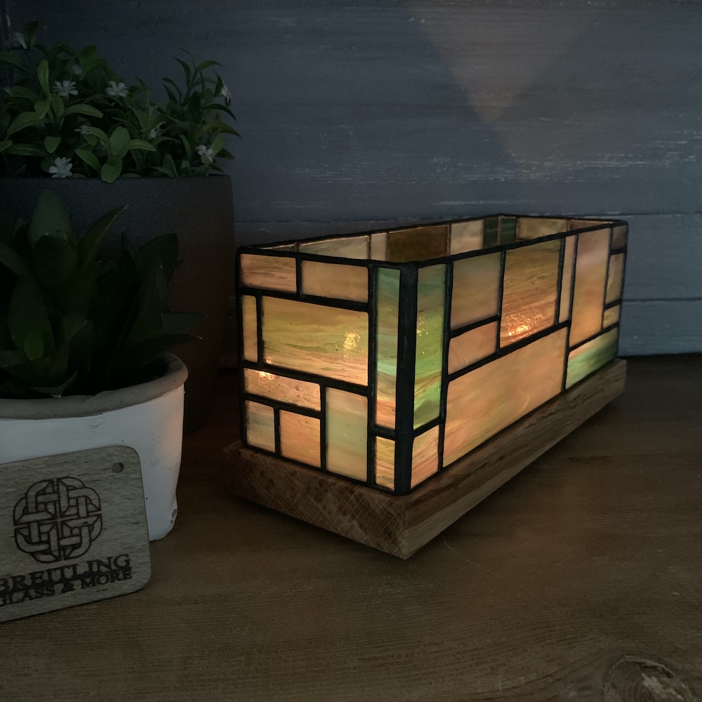 Lampion witrażowy ze szkła opalowego (3 świece) "Mozaika" zielony mix / Breitling Glass And More / Dekoracja Wnętrz / Świece i świeczniki