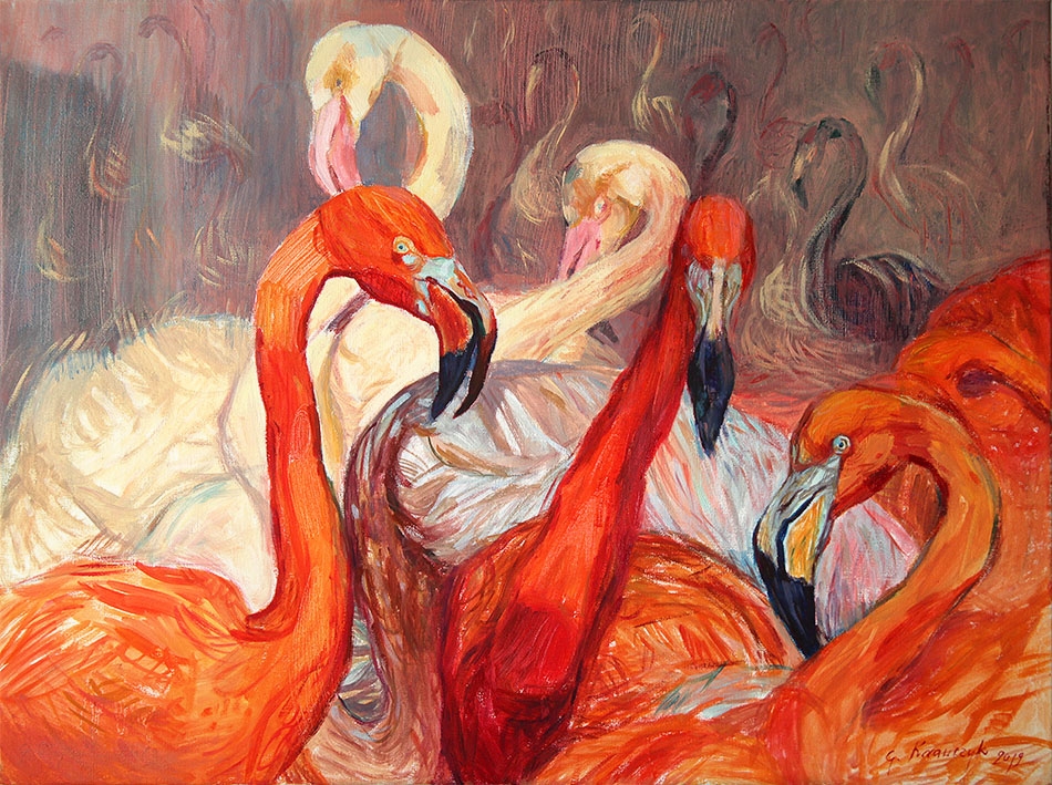 Obraz olejny na płótnie - Flamingi / Gabriela Krawczyk / Dekoracja Wnętrz / Obrazy