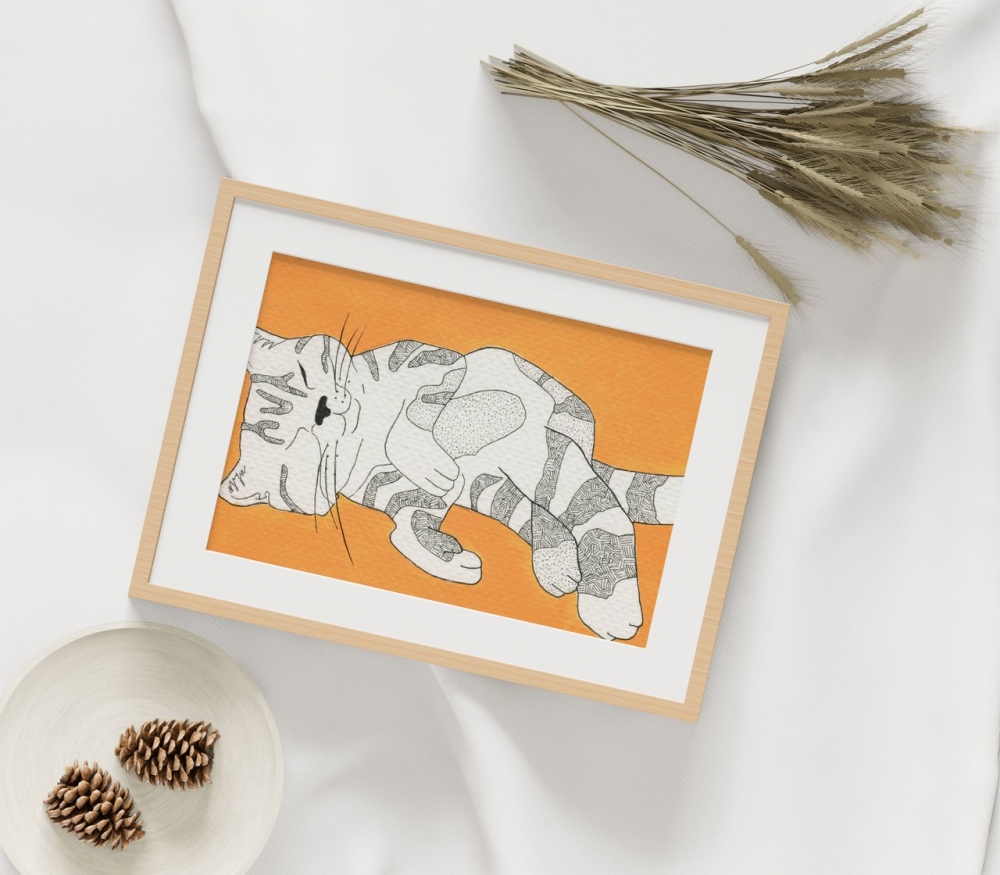 Grafika ze śpiącym kotem - kolor pomarańczowy / Anna Bednarczyk Ilustracje / Dekoracja Wnętrz / Rysunki i Grafiki