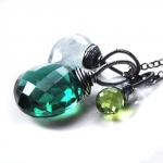 EMERALD MIX - Srebrne Oksydowane Wisiorki z Perydotem, Szmaragdowym Kwarcem oraz Akwamarynem