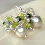 Muscatelle - Srebrne Kaskadowe Kolczyki - Platynowe Perły Baroque, Peridot, Zielony Turmalin, Prasiolit, Perły Keshi