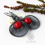Koralowe orbity - srebrne kolczyki wire wrapping z czerwonym koralem