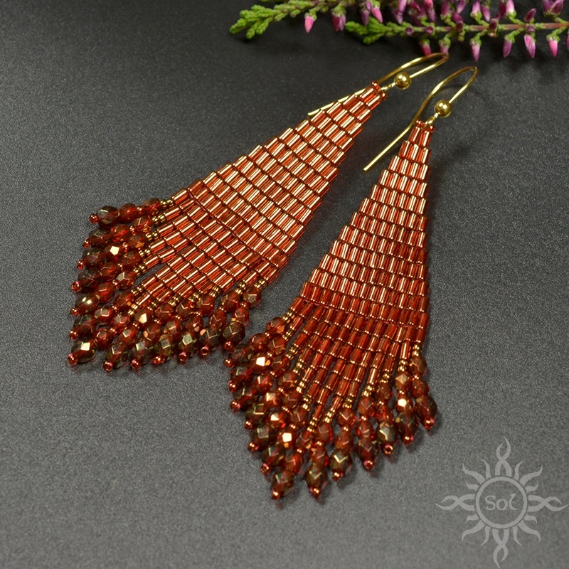 Cuvanna, czerwono-złote "indiańskie" kolczyki, beading / Sol / Biżuteria / Kolczyki