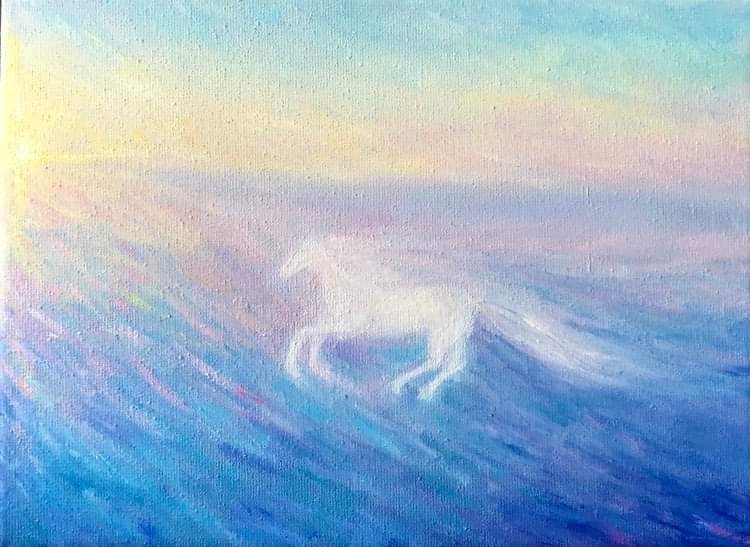 Biały koń biegnący w stronę słońca  / Magdalena Sarnat / Dekoracja Wnętrz / Obrazy