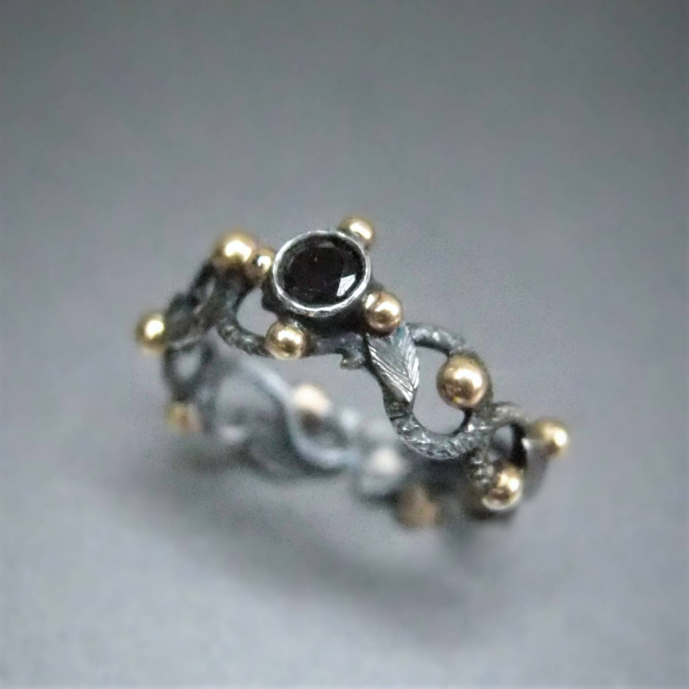 black rose... srebrno-złoty różaniec z czarnym diamentem / lookrecya / Biżuteria / Pierścionki